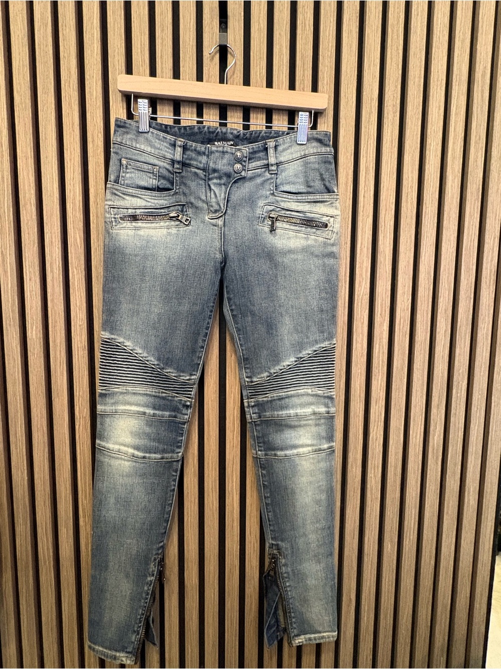 Balmain Faded Blue Moto Skinny Jeans